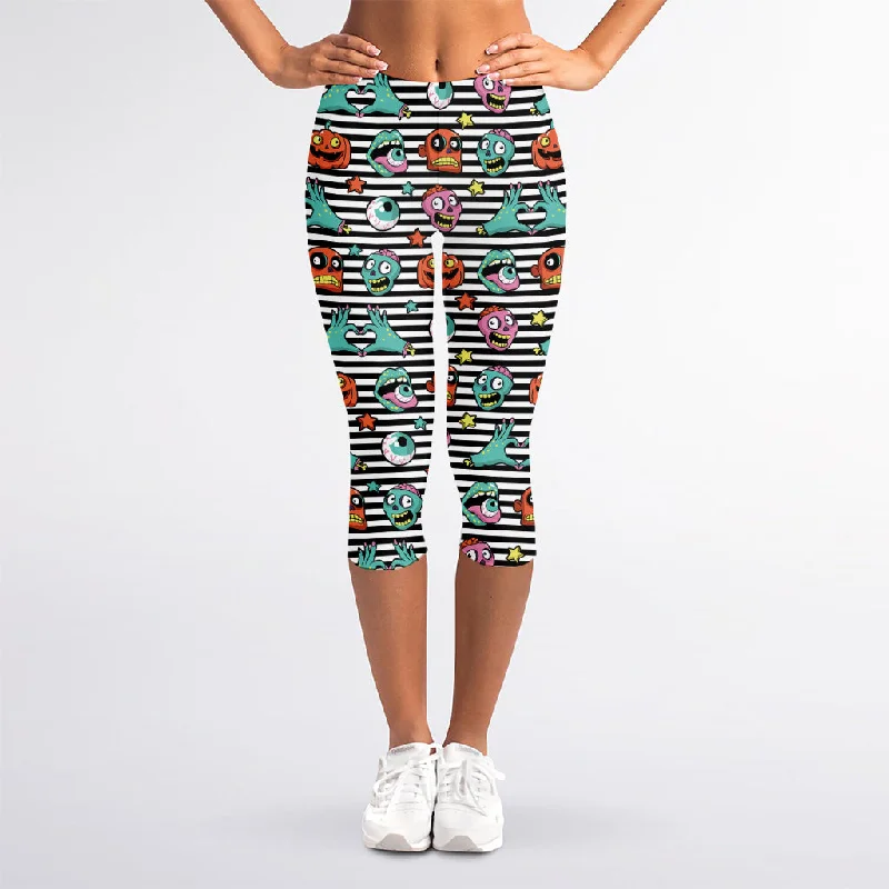 Warehouse Sale Halloween Zombie Striped Pattern Print Women's Capri Leggings