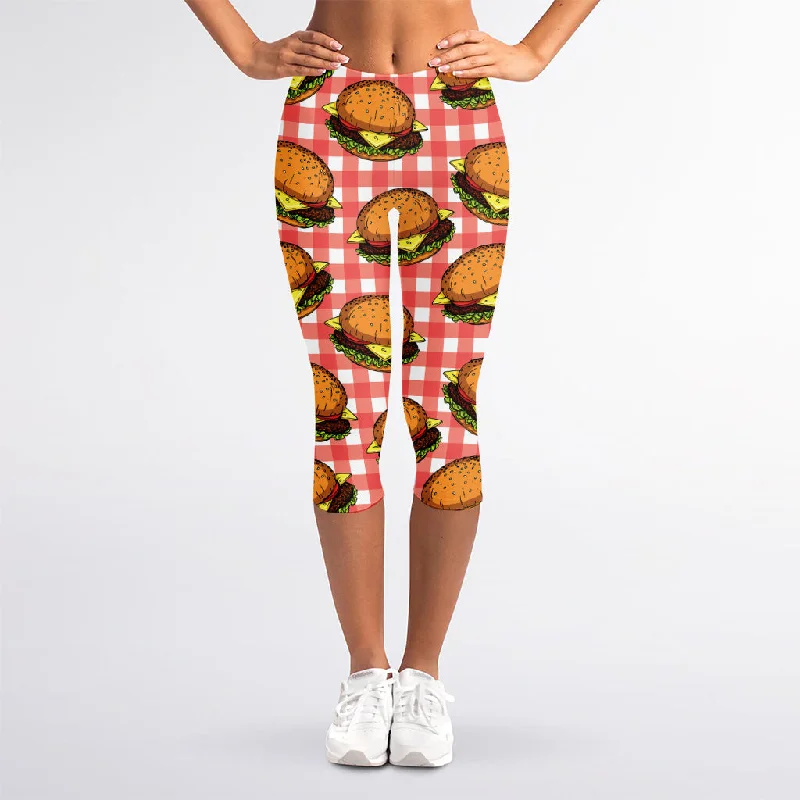 Mega Deal Hamburger Plaid Pattern Print Women's Capri Leggings