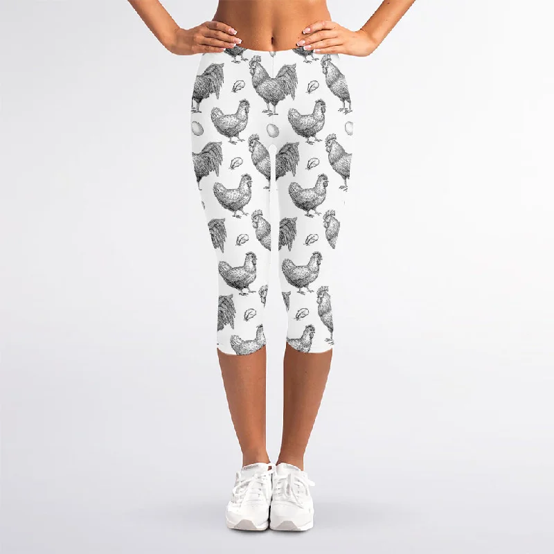 Midnight Sale Hand Drawn Chicken Pattern Print Women's Capri Leggings