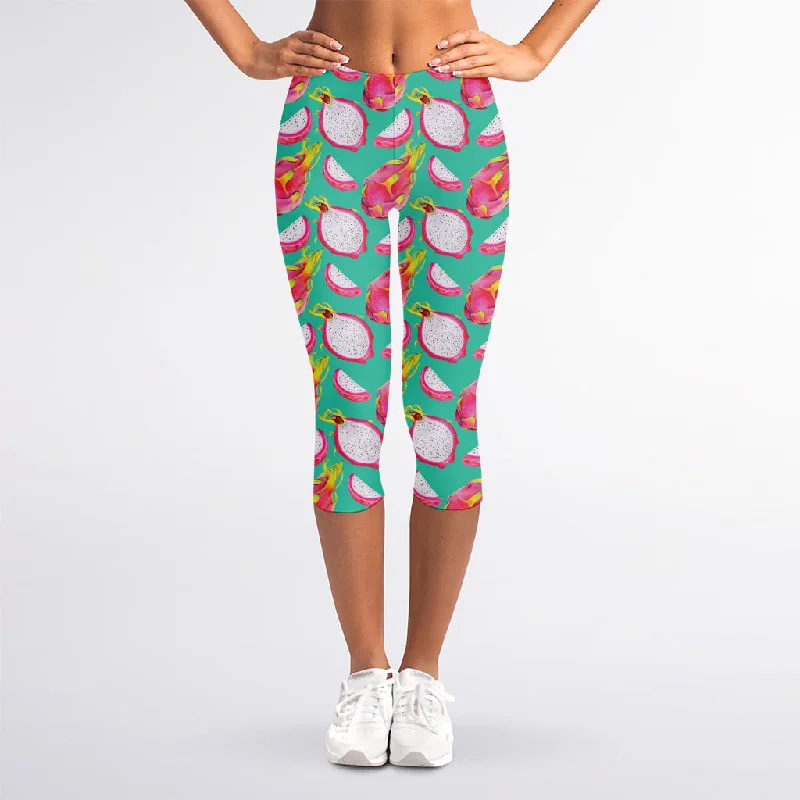 Price Blitz Hand Drawn Dragon Fruit Pattern Print Women's Capri Leggings