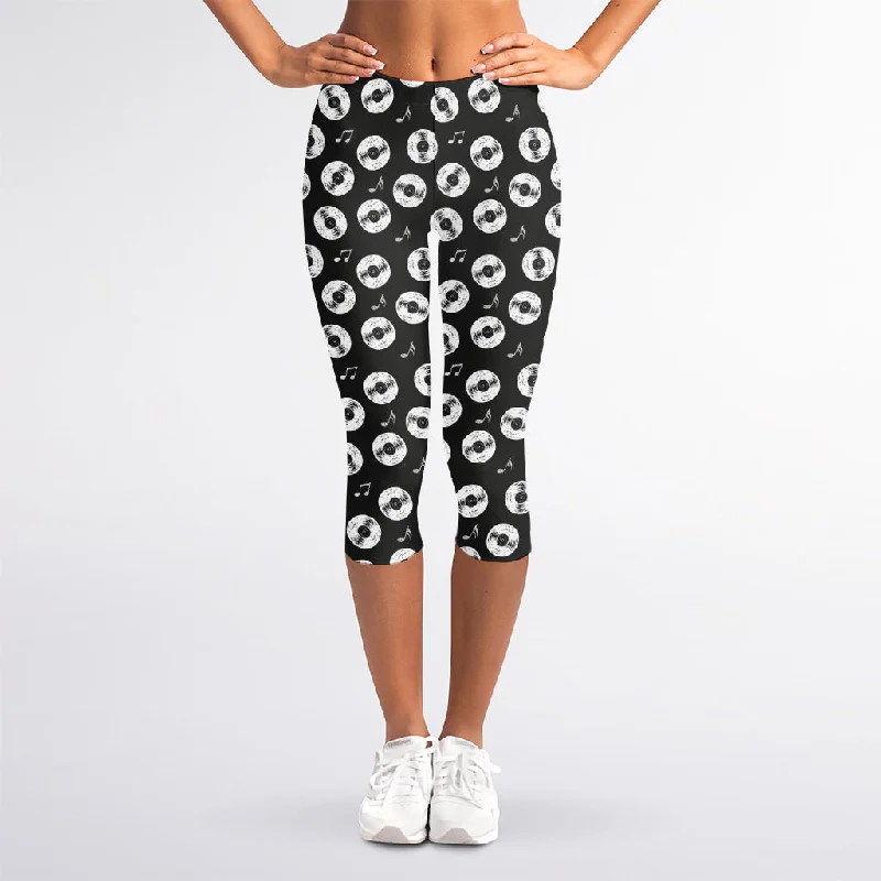 Friends and Family Sale Hand Drawn Vinyl Record Pattern Print Women's Capri Leggings