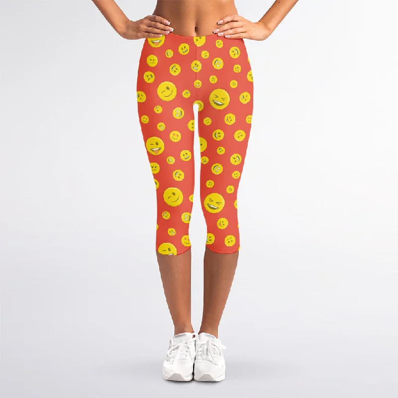 Don’t Miss Out Happy Emoji Pattern Print Women's Capri Leggings