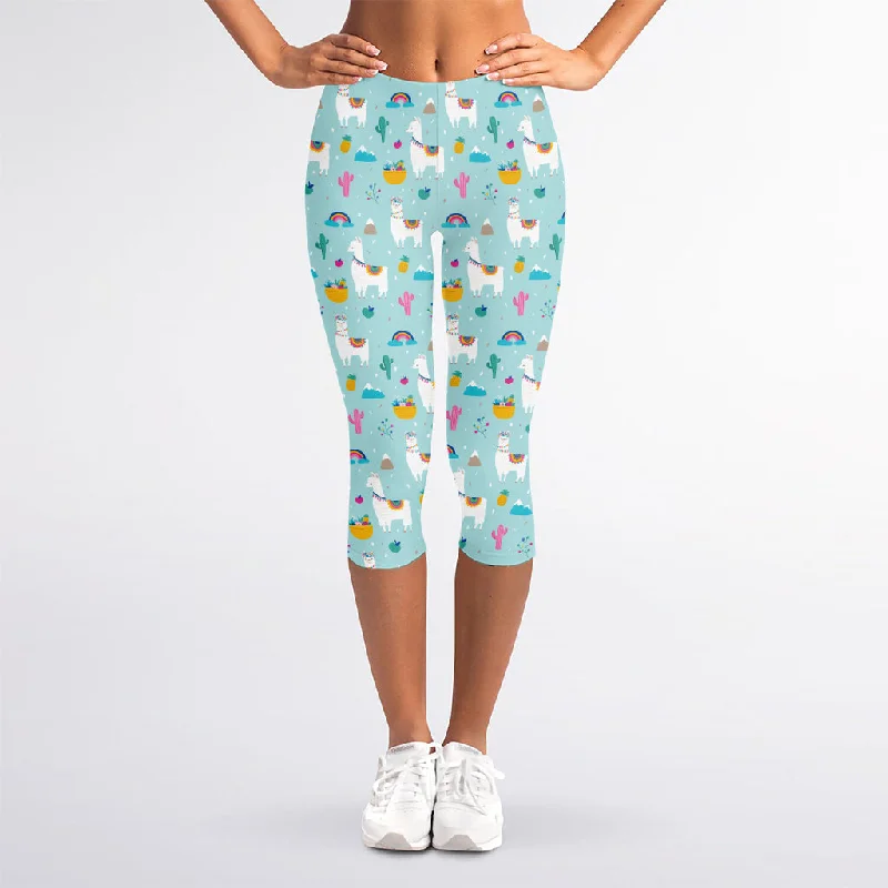 Special Offer Happy Llama And Cactus Pattern Print Women's Capri Leggings