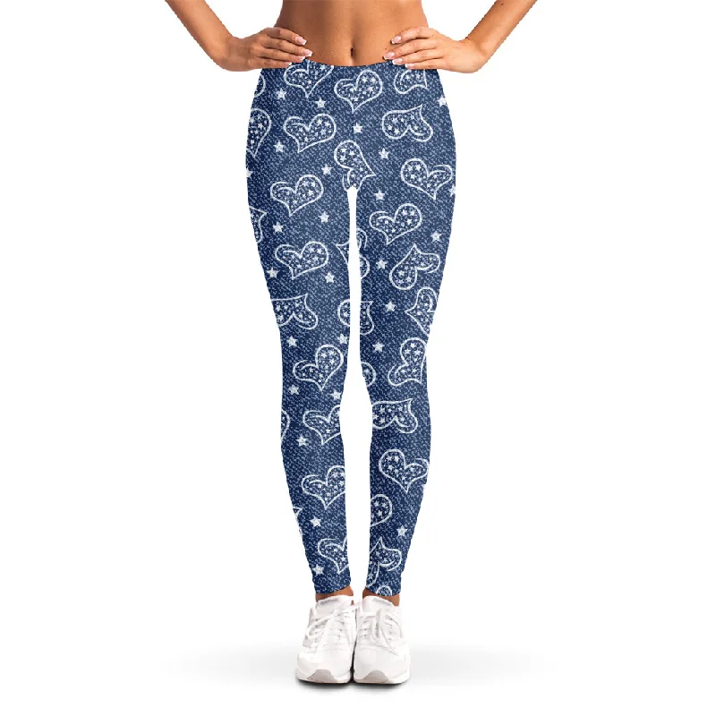 Big Discounts Heart And Star Denim Jeans Pattern Print Women's Leggings