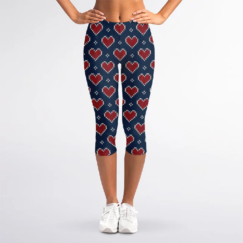 Price Cut Heart Knitted Pattern Print Women's Capri Leggings