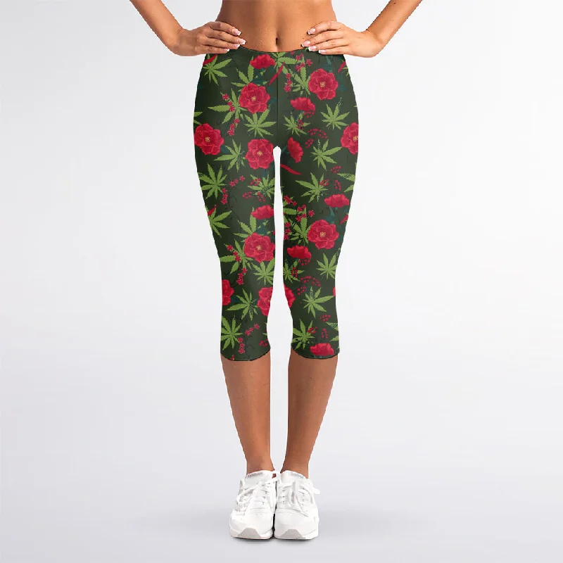 Epic Deals Hemp Leaves And Flowers Pattern Print Women's Capri Leggings