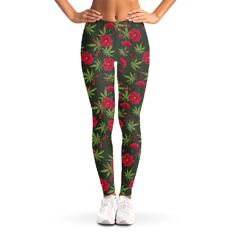 Limited Time Discount Hemp Leaves And Flowers Pattern Print Women's Leggings