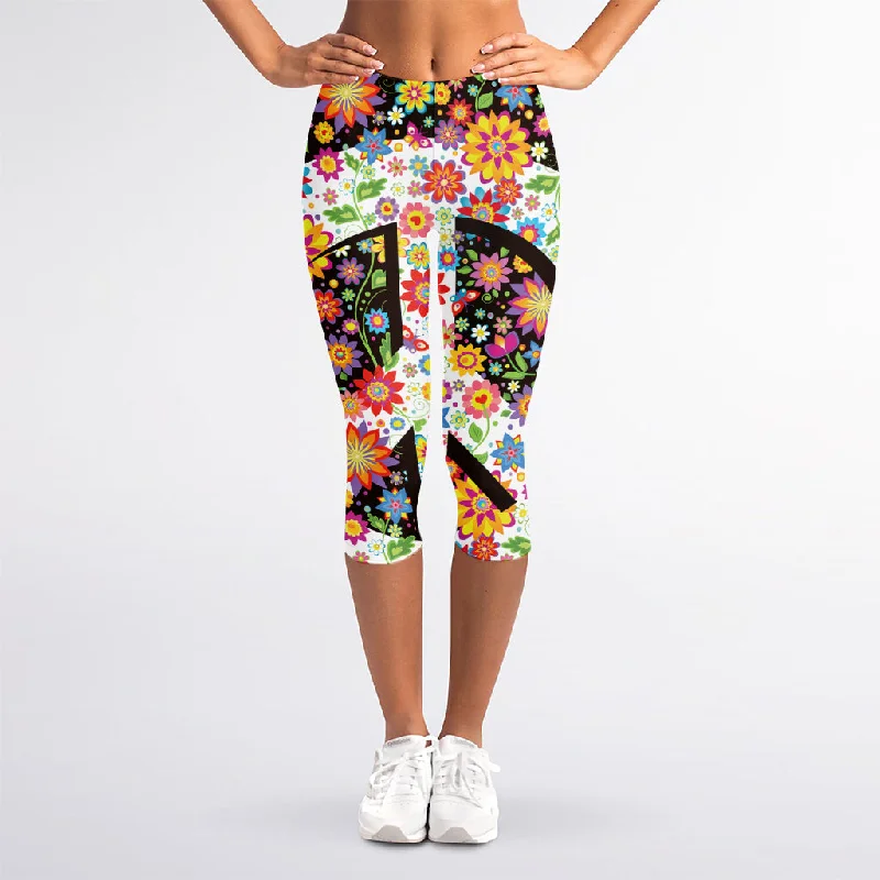 Limited Time Hippie Flower Peace Sign Print Women's Capri Leggings
