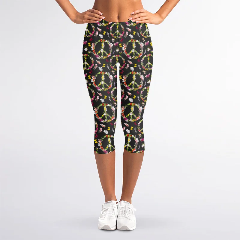 Today's Special Hippie Peace Sign Flower Pattern Print Women's Capri Leggings