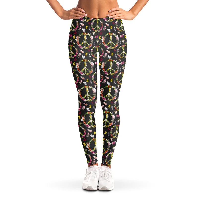 Deal Frenzy Hippie Peace Sign Flower Pattern Print Women's Leggings