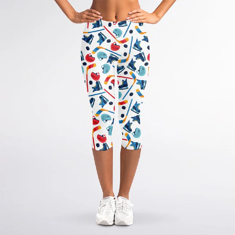 Steals and Deals Hockey Equipment Pattern Print Women's Capri Leggings