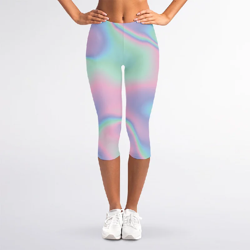 Super Bargain Holographic Waves Print Women's Capri Leggings