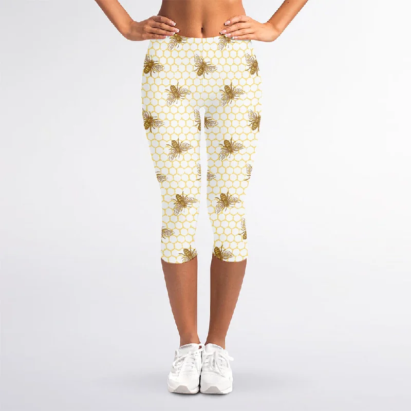 Online Only Honey Bee Hive Pattern Print Women's Capri Leggings