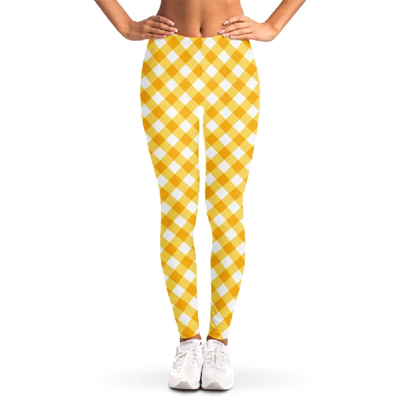 Unbeatable Prices Honey Yellow And White Gingham Print Women's Leggings