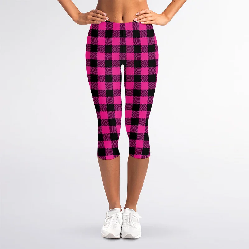 Can't Miss Hot Pink And Black Buffalo Check Print Women's Capri Leggings