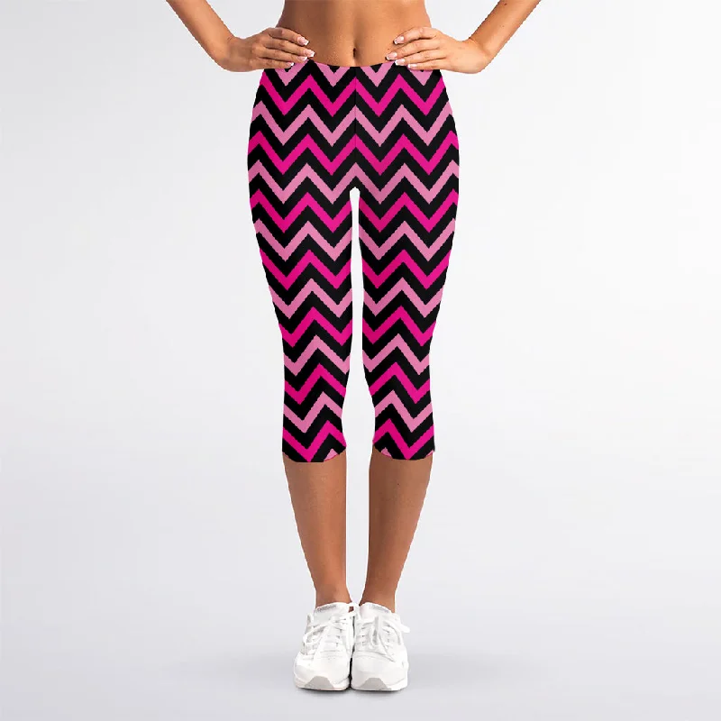 Daily Deals Hot Pink And Black Chevron Pattern Print Women's Capri Leggings
