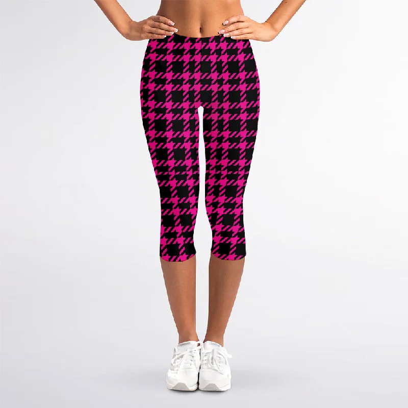 Price Fest Hot Pink And Black Houndstooth Print Women's Capri Leggings