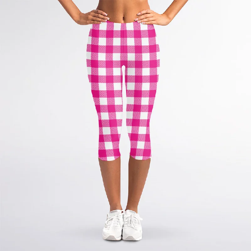 Price Drop Alert Hot Pink And White Buffalo Check Print Women's Capri Leggings