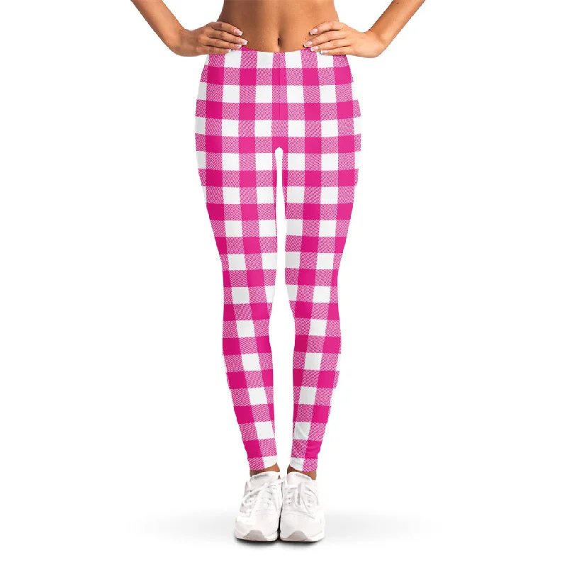 Hurry In Hot Pink And White Buffalo Check Print Women's Leggings