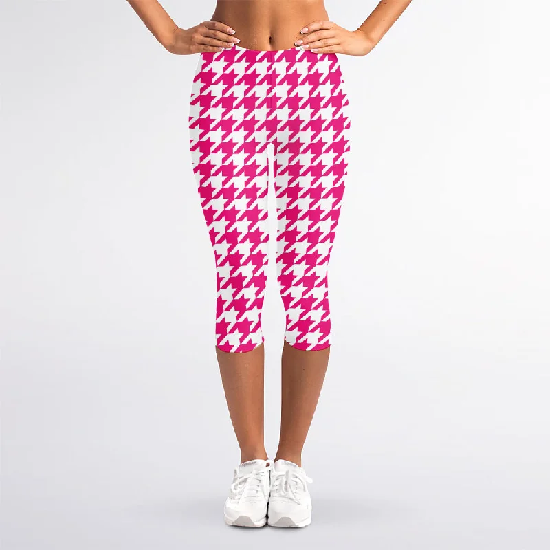 Price Break Hot Pink And White Houndstooth Print Women's Capri Leggings