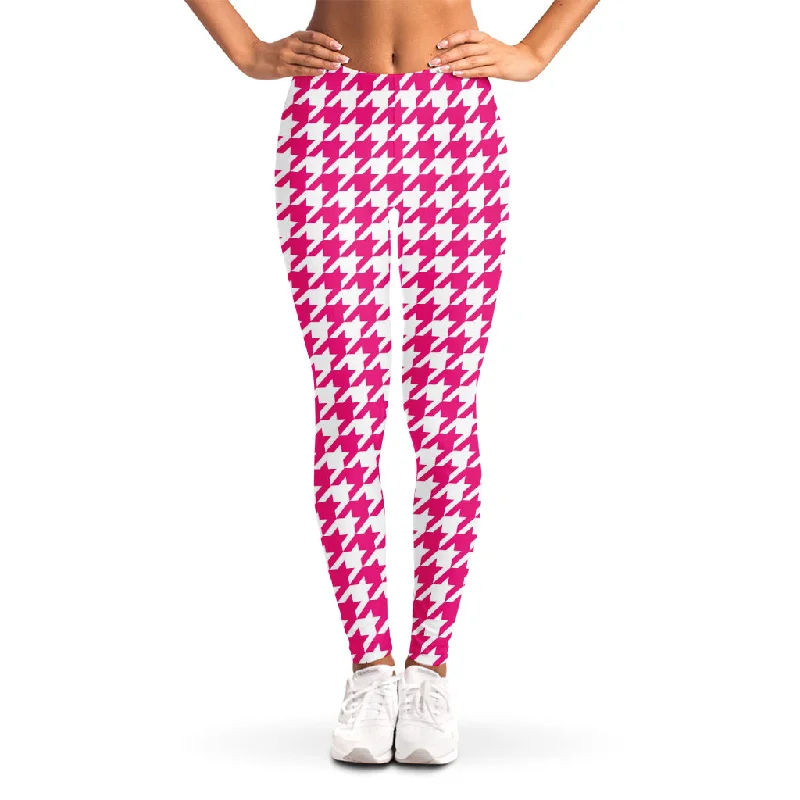 Buy Now Hot Pink And White Houndstooth Print Women's Leggings