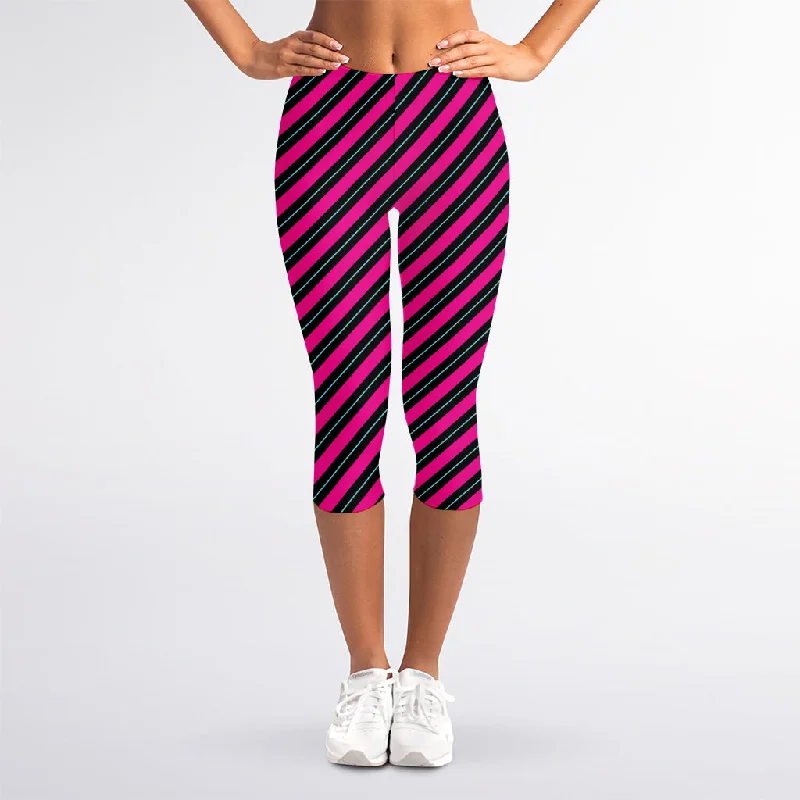 Price Buster Hot Pink Black And Blue Stripes Print Women's Capri Leggings