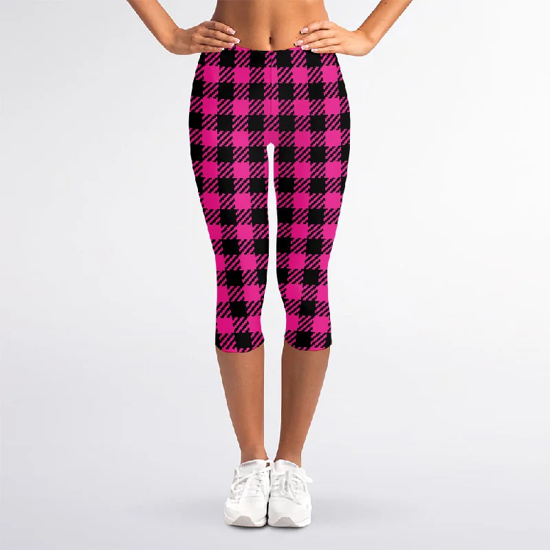 Price Smash Hot Pink Buffalo Plaid Print Women's Capri Leggings
