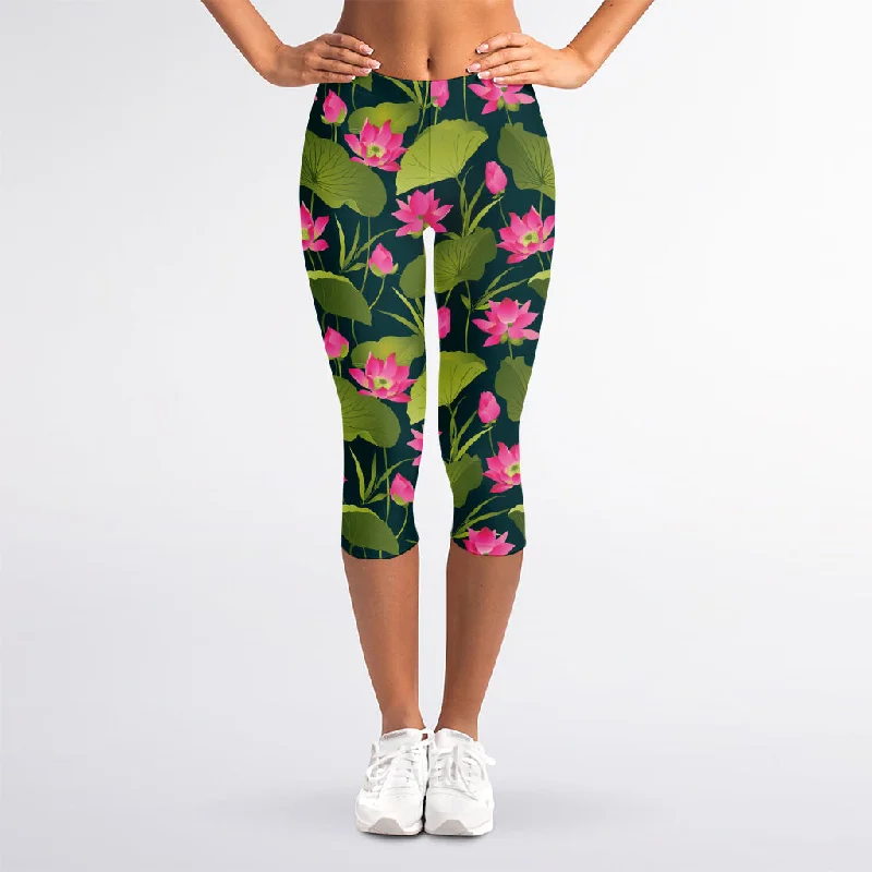 Grand Opening Sale Hot Pink Lotus Pattern Print Women's Capri Leggings