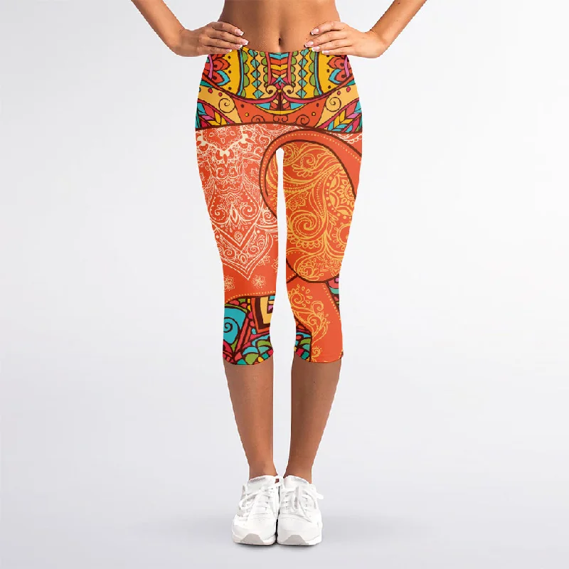 Unmissable Offer Indian Boho Hippie Elephant Print Women's Capri Leggings