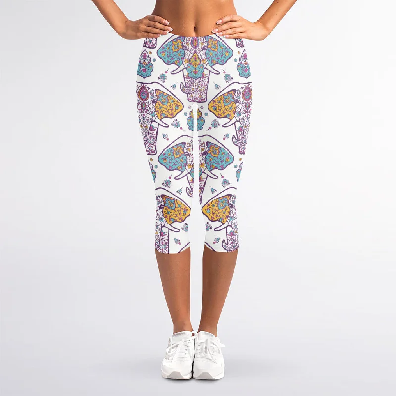 New Deals Indian Flower Elephant Pattern Print Women's Capri Leggings