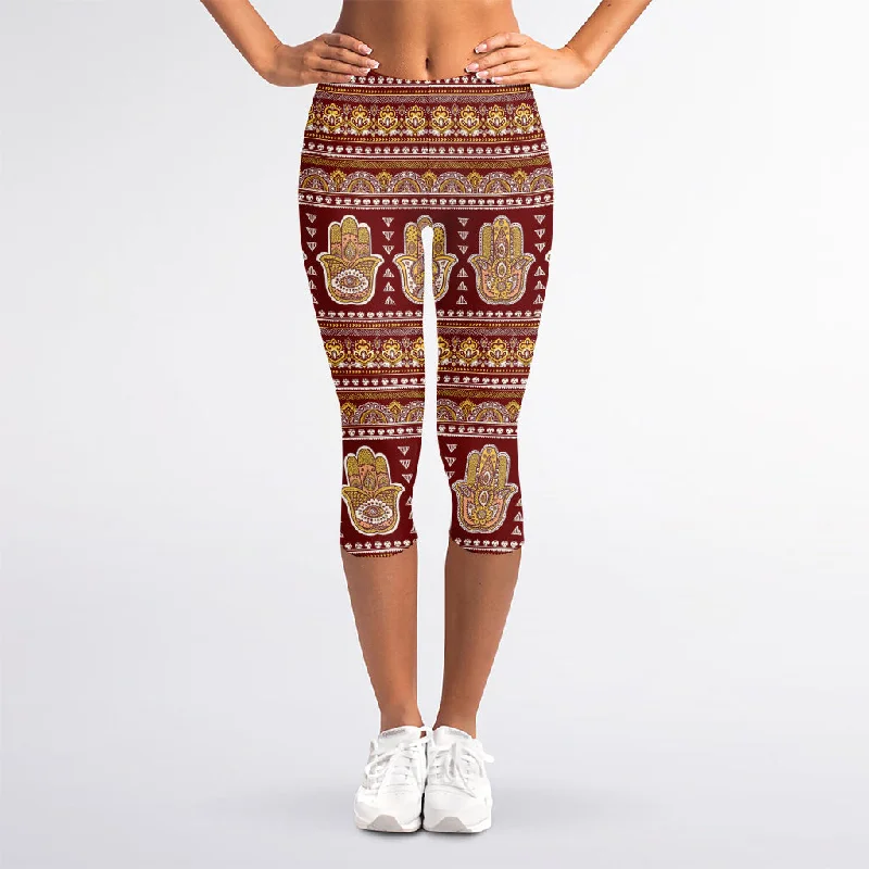 Special Discount Indian Hamsa Hand Print Women's Capri Leggings