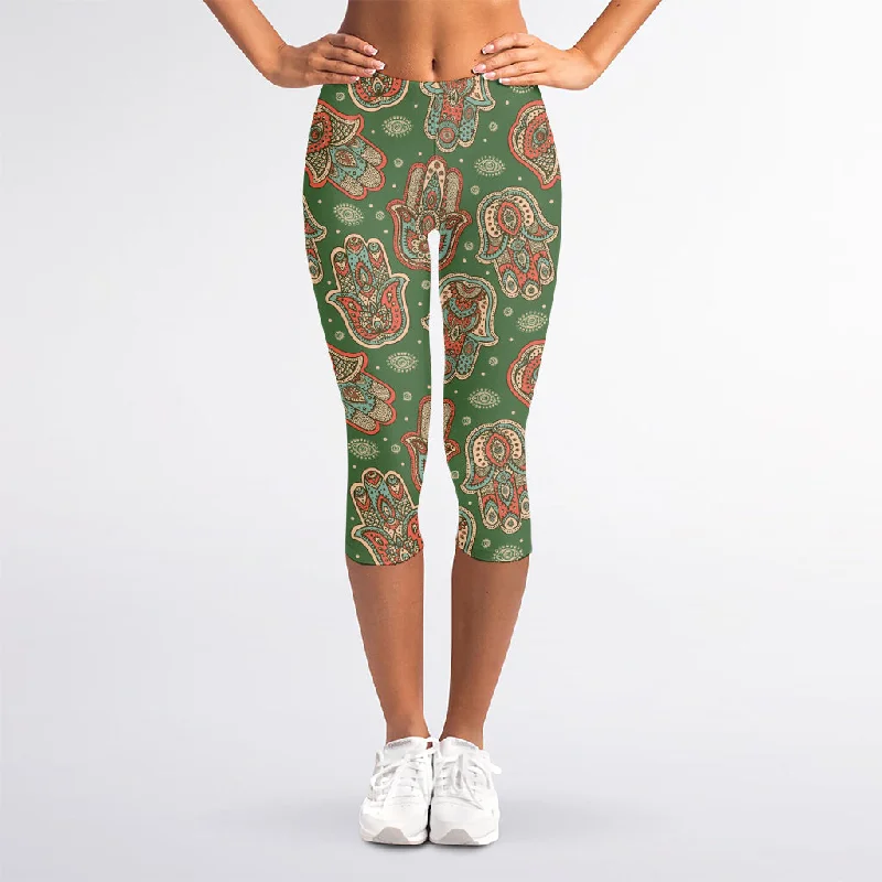 Price Rollback Indian Hamsa Pattern Print Women's Capri Leggings