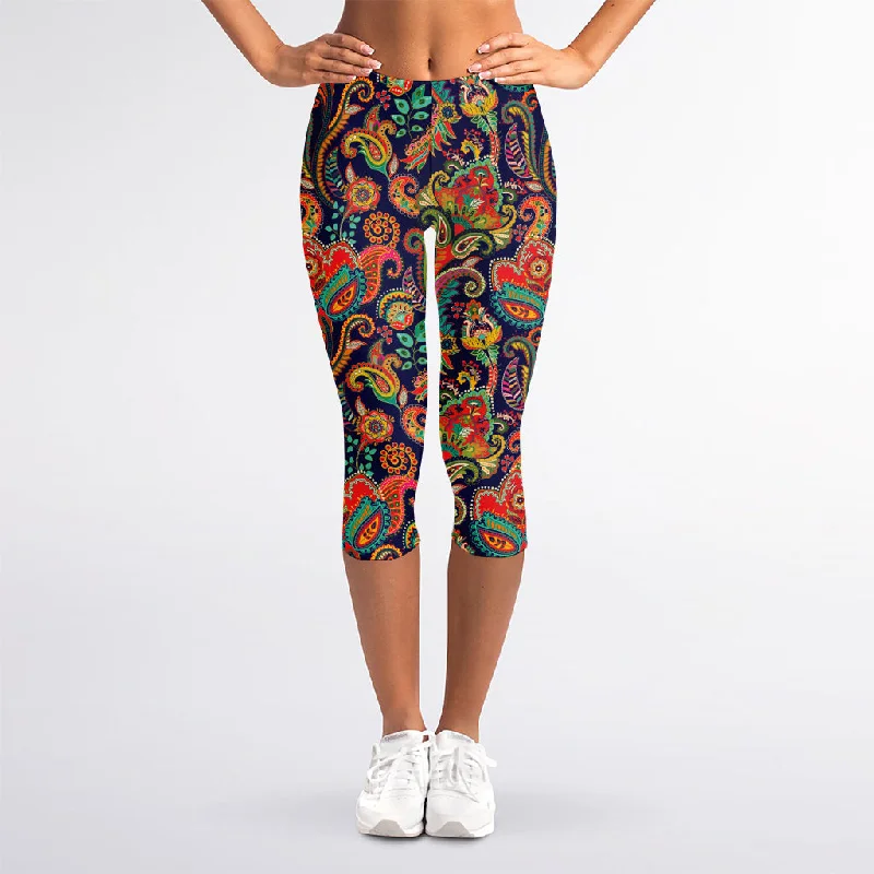 Markdowns Indian Paisley Pattern Print Women's Capri Leggings