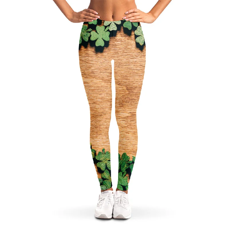 Doorbuster Deal Irish Four Leaf Clovers Wood Print Women's Leggings