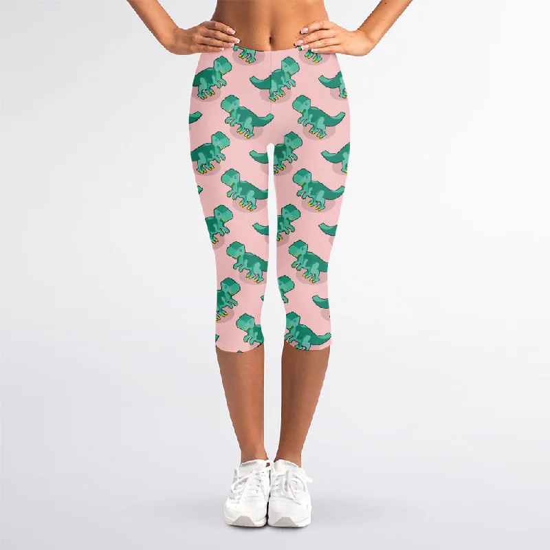 Savings Alert Isometric Tyrannosaurus Pattern Print Women's Capri Leggings