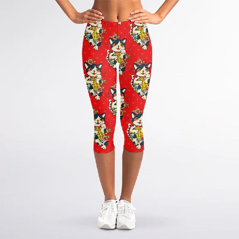 Price Buster Japanese Cat Maneki Neko Pattern Print Women's Capri Leggings