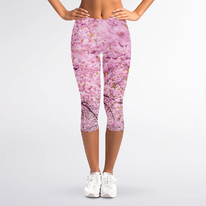 Overstock Sale Japanese Cherry Blossom Tree Print Women's Capri Leggings