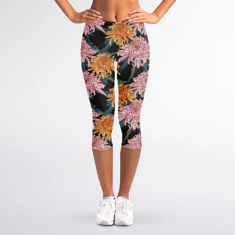 Anniversary Sale Japanese Chrysanthemum Pattern Print Women's Capri Leggings