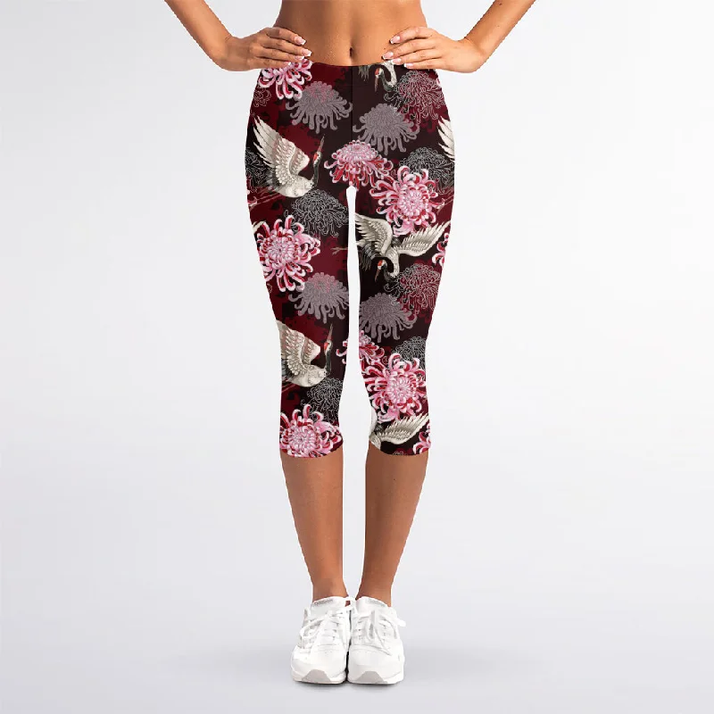Limited Time Discount Japanese Cranes And Chrysanthemums Print Women's Capri Leggings