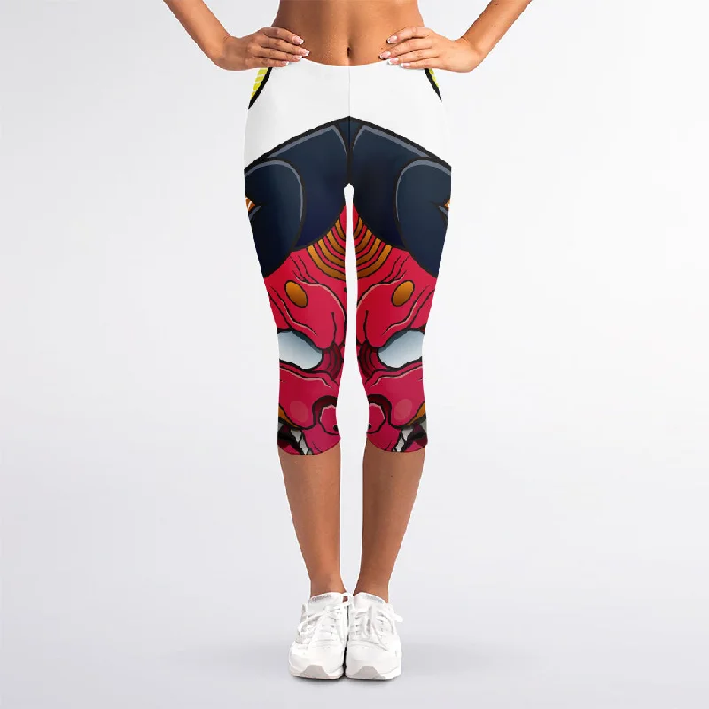 Friends and Family Sale Japanese Demon Mask Print Women's Capri Leggings