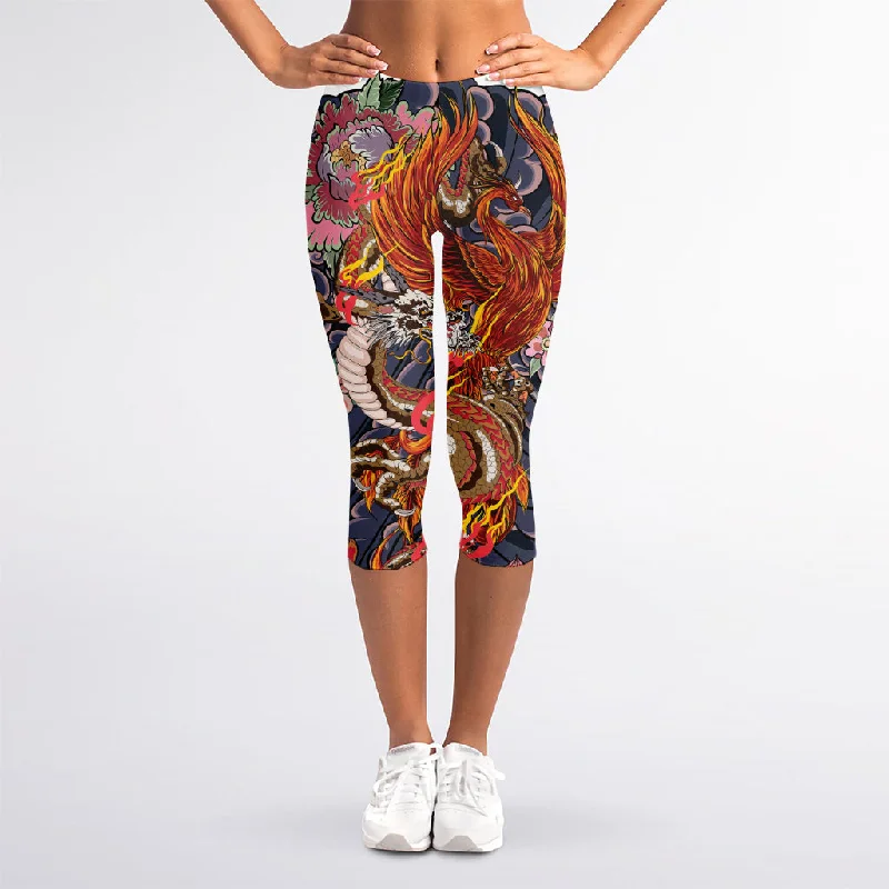Get It Before It’s Gone Japanese Dragon And Phoenix Tattoo Print Women's Capri Leggings