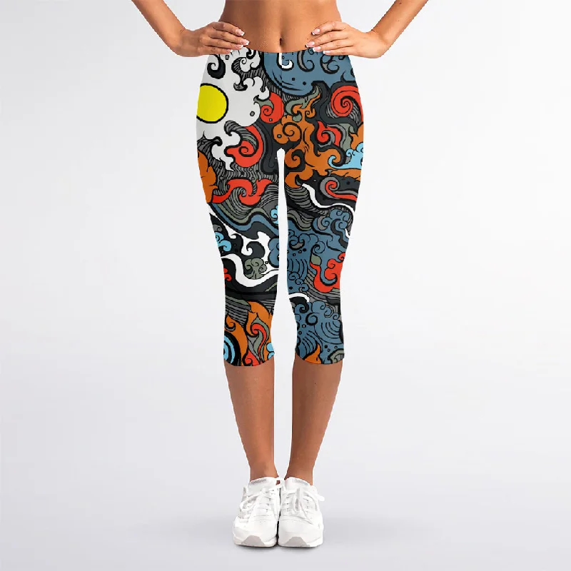 Midnight Sale Japanese Elemental Tattoo Print Women's Capri Leggings