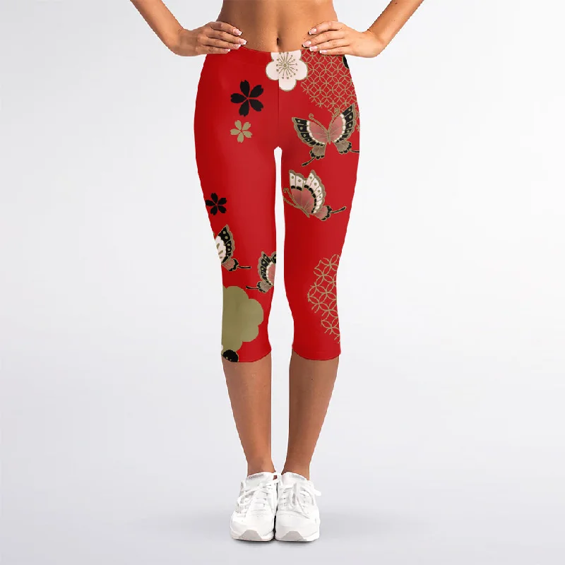 Price Drop Japanese Flower Print Women's Capri Leggings