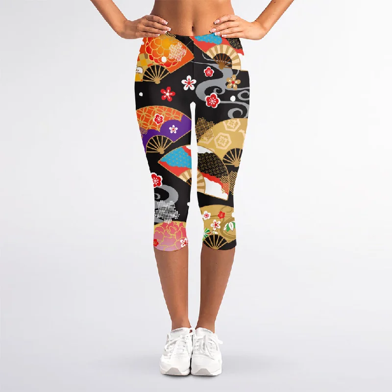 Exclusive Online Offer Japanese Hand Fan Pattern Print Women's Capri Leggings