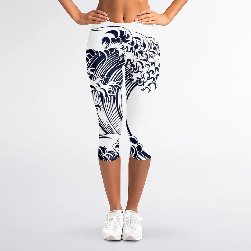 New Arrival Japanese Kanagawa Wave Print Women's Capri Leggings