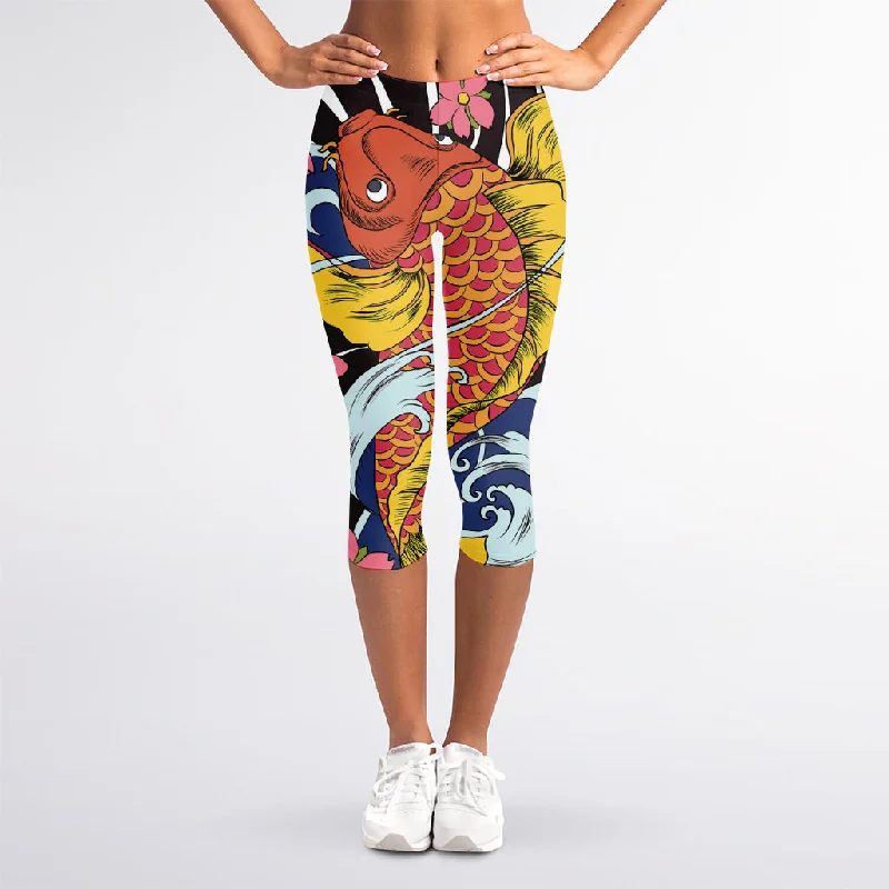 Year-End Sale Japanese Koi And Flower Tattoo Print Women's Capri Leggings