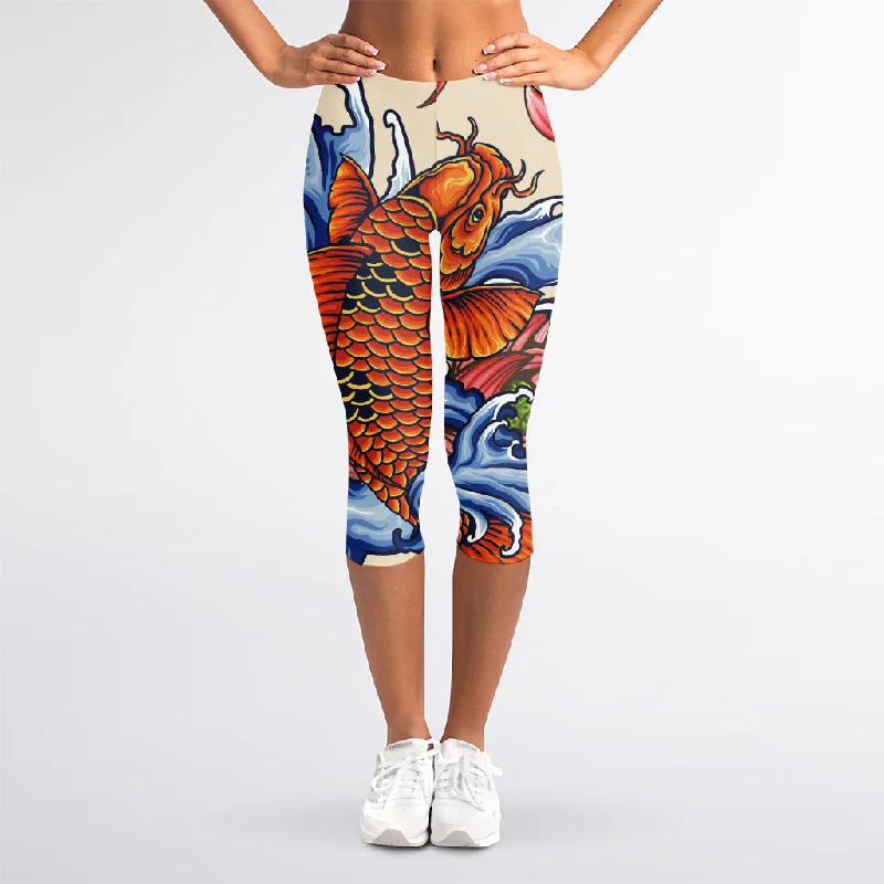 Value Deals Japanese Koi Fish Tattoo Print Women's Capri Leggings