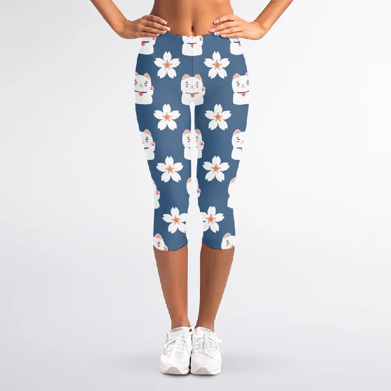 Today’s Deal Japanese Lucky Cat And Sakura Print Women's Capri Leggings