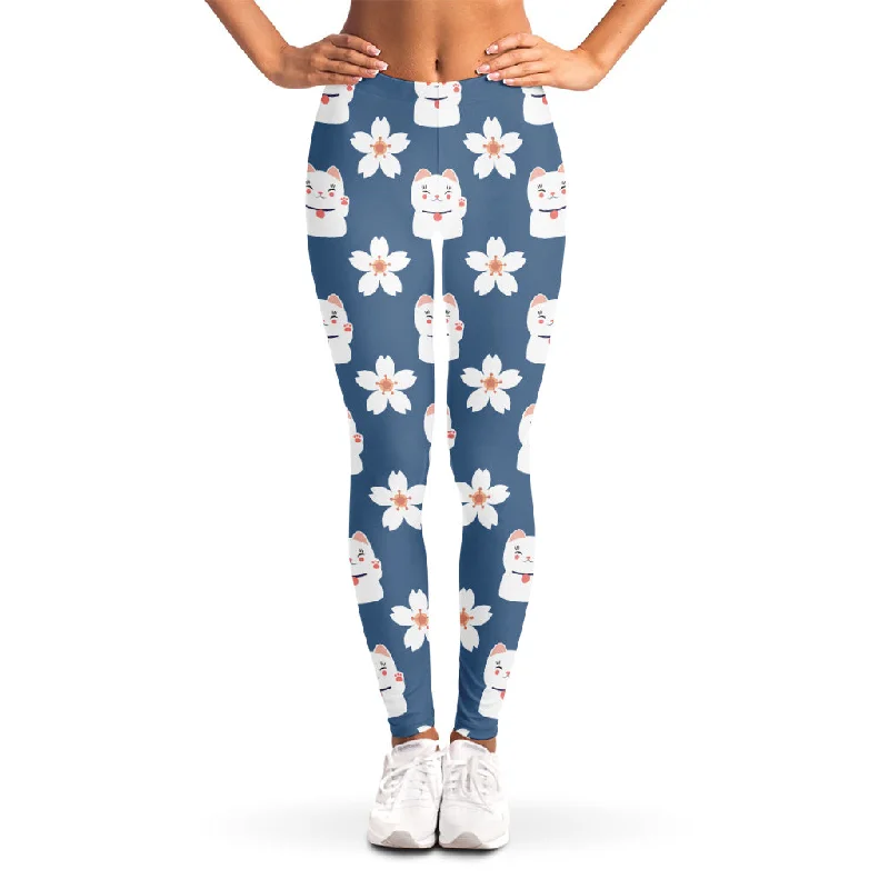 Don't Wait Japanese Lucky Cat And Sakura Print Women's Leggings