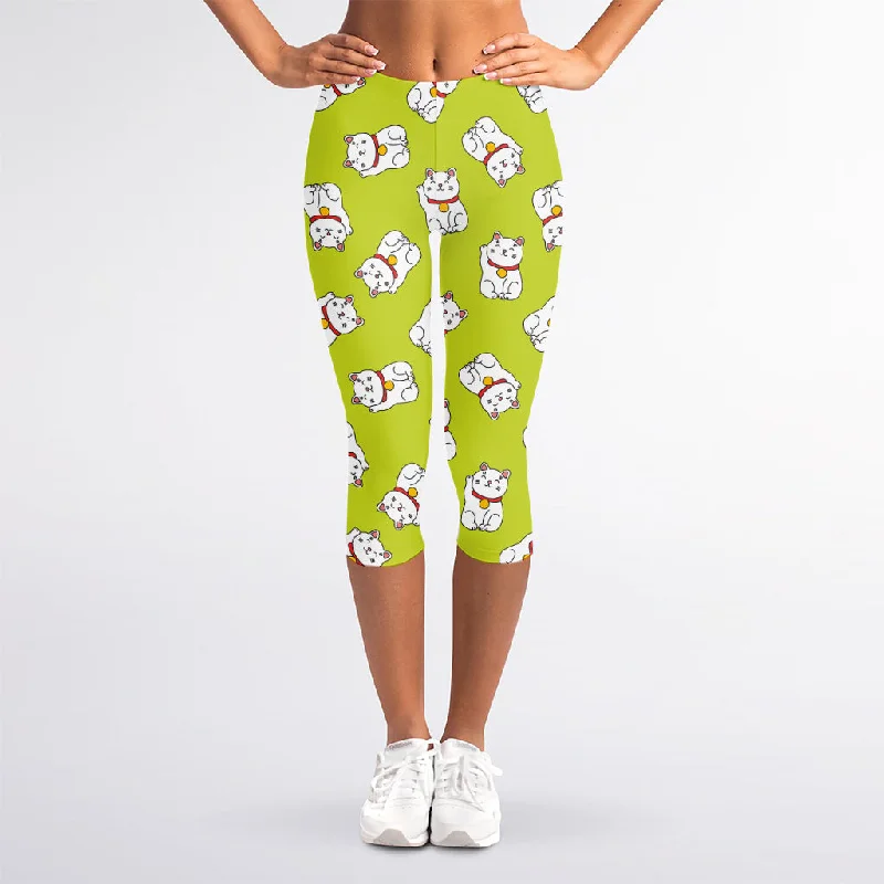 Super Deal Japanese Lucky Cat Cartoon Print Women's Capri Leggings